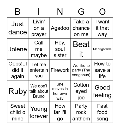 Musical Bingo Card