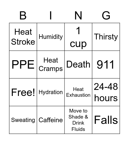 heat Stress Bingo Card