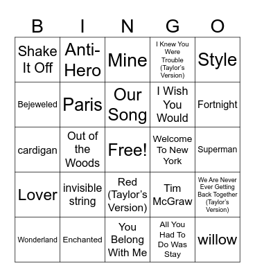 Taylor Swift Bingo Card