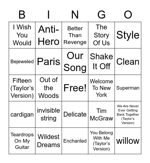 Taylor Swift Bingo Card