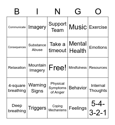 Anger and Stress Bingo Card