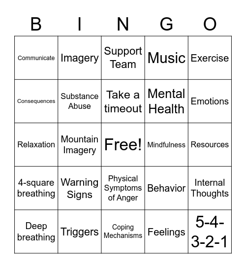 Anger and Stress Bingo Card