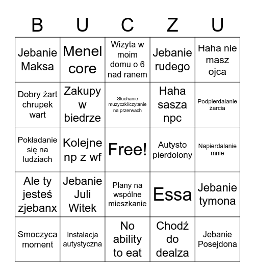 Przeciętny dzień z buczem Bingo Card