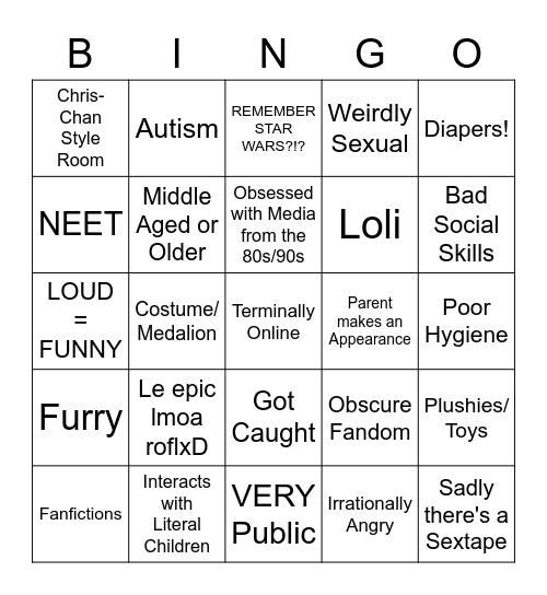 Cringe List Bingo Card