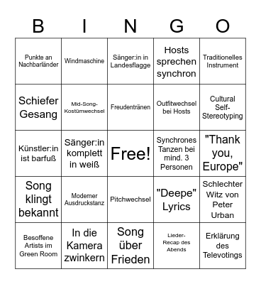 Eurovision 2023 Bingo Card