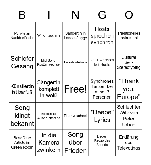 Eurovision 2023 Bingo Card