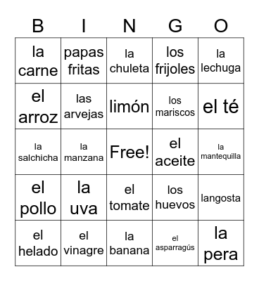 Spanish Food Vocabulary  Bingo Card