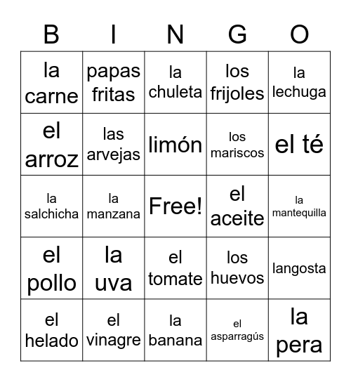 Spanish Food Vocabulary  Bingo Card