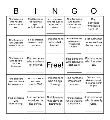 Find Someone Who Bingo Card
