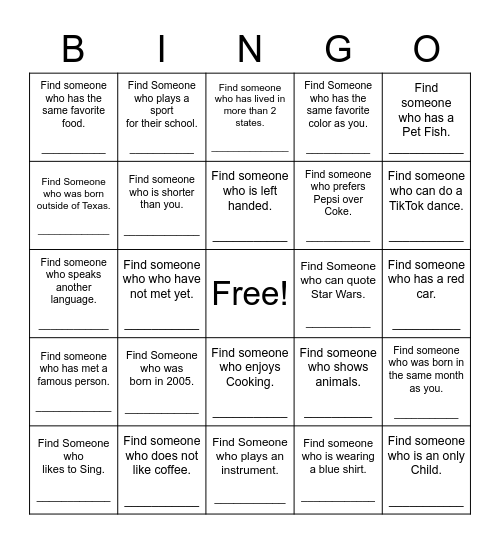 Find Someone Who Bingo Card