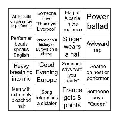 Eurovision Grand Final 16 Bingo Card