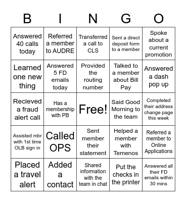 Call Center Bingo Card
