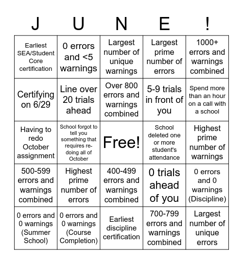June Core Bingo Card