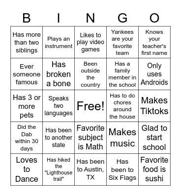 First Day of School Bingo Card