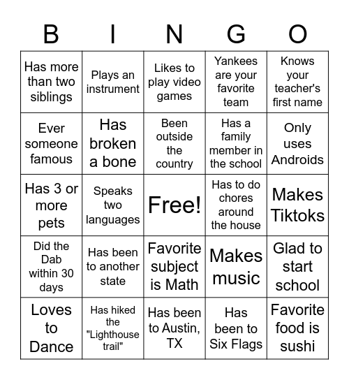 First Day of School Bingo Card