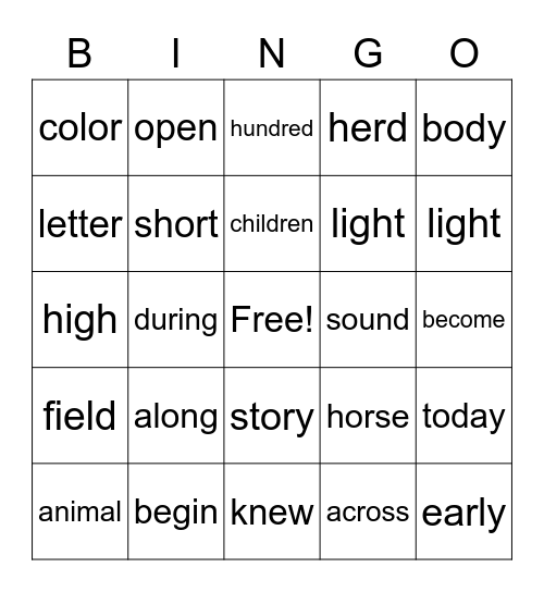 Word Bingo Card
