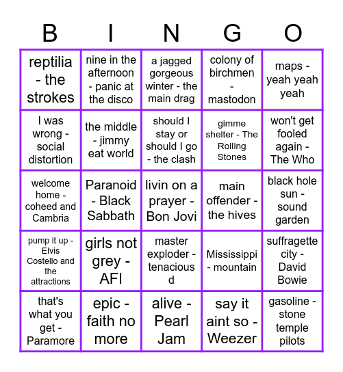 Rock Band 1&2 Bingo Card