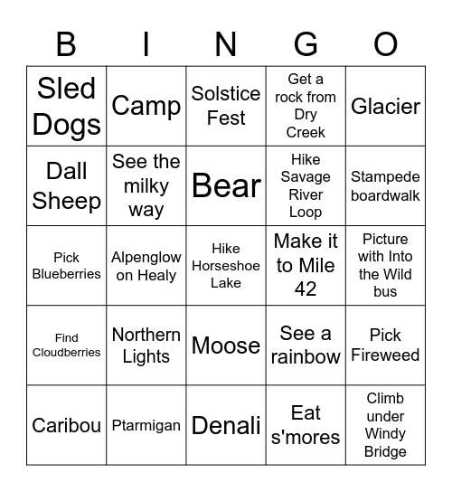 Denali Bingo Card