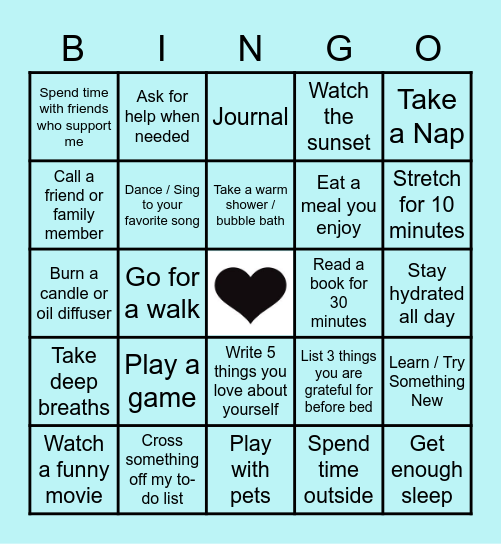 Self-Care Bingo Challenge Bingo Card