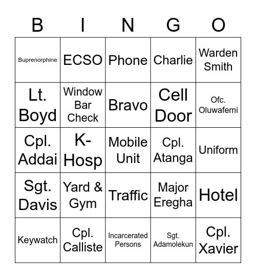 Correctional Staff and Words Bingo Card