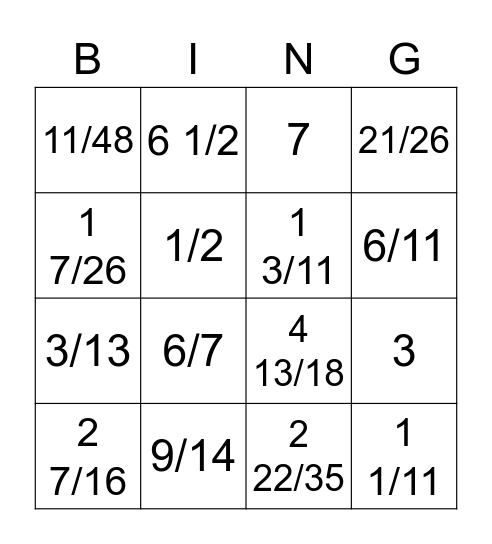 Math- Dividing Fractions Bingo Card