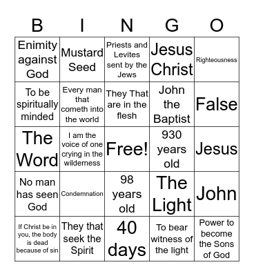 The New Birth, Life Through the Spirit,Bible Quiz Questions Bingo Card