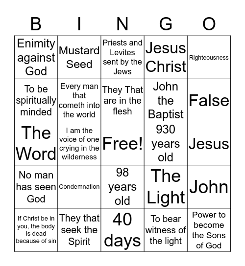 The New Birth, Life Through the Spirit,Bible Quiz Questions Bingo Card