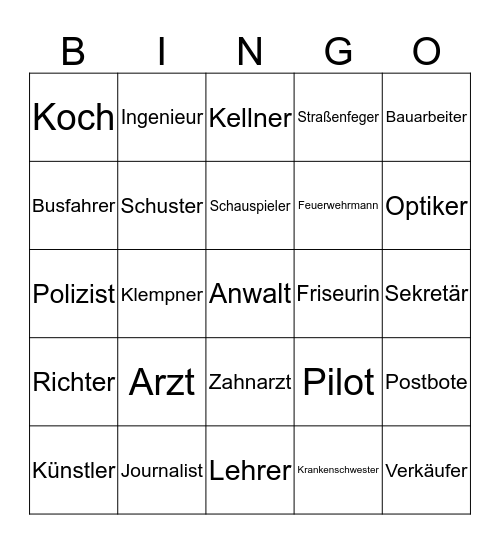 Berufe Bingo Card