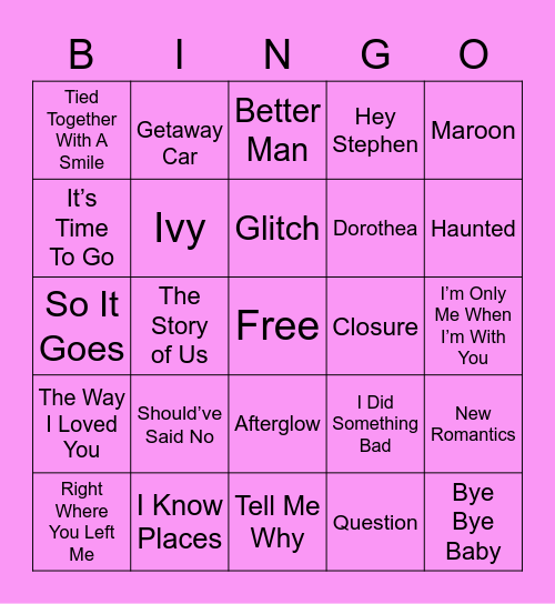 Surprise Song Bingo Card