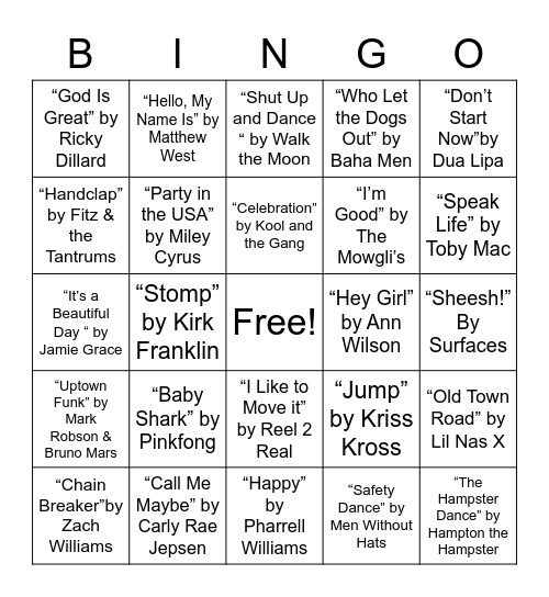 Sunday Funday Music Bingo Card