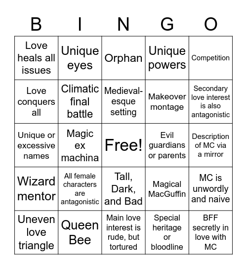 Fantasy/Paranormal YA Tropes Bingo Card