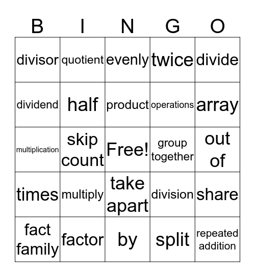 Multiplication and Division Vocab Bingo Card