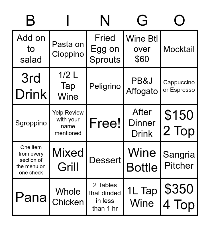 Spuntino Bingo Card