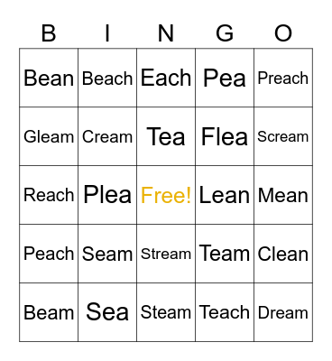 -EA Words (long E sound) Bingo Card