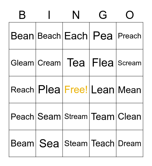 -EA Words (long E sound) Bingo Card