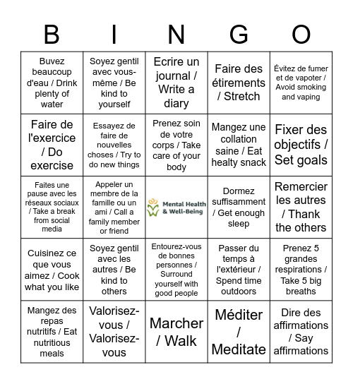 BINGO Santé Mentale / Mental Health Bingo Card