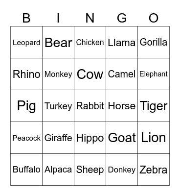 Animals Bingo Card