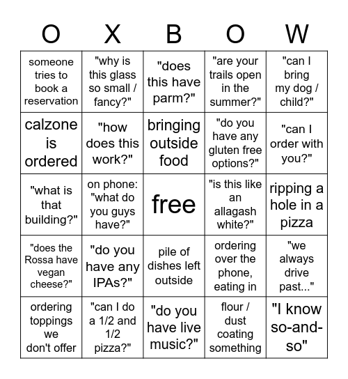 Oxbow Bingo Card