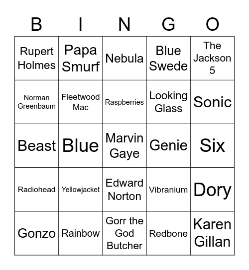 Guardians of the Galaxy, Marvel, & Blue Bingo Card