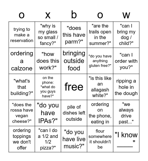 oxbow bingo Card