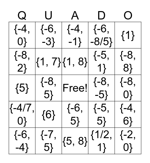 Quadratic Equations Bingo Card