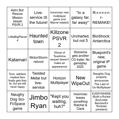 Sony Showcase Bingo Card