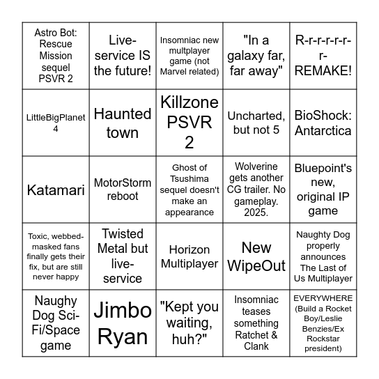 Sony Showcase Bingo Card
