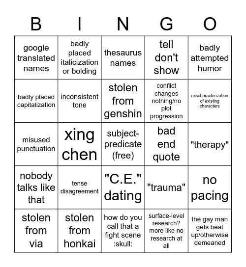 eddy writing bingo Card