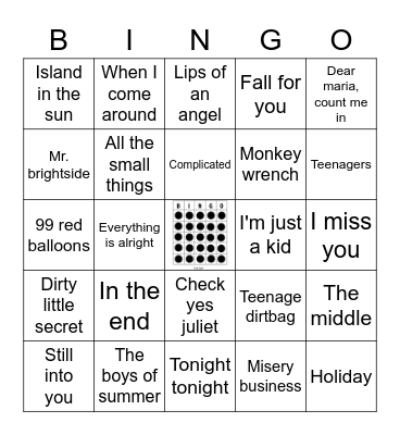 Early 00's Emo/Punk Bingo Card