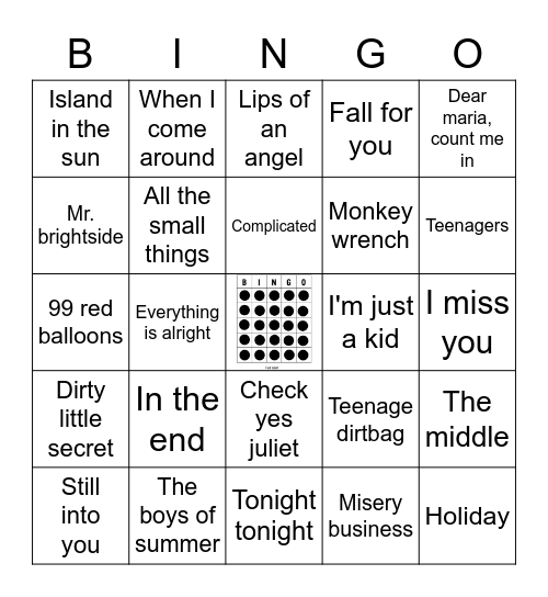 Early 00's Emo/Punk Bingo Card