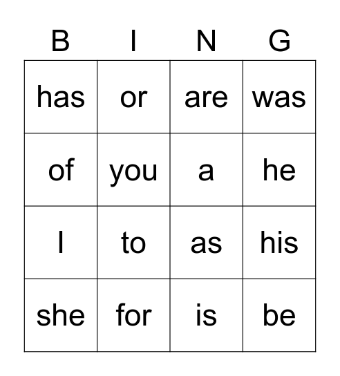 Trick Word Bingo Card