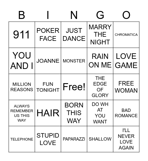 LADY GAGA Bingo Card