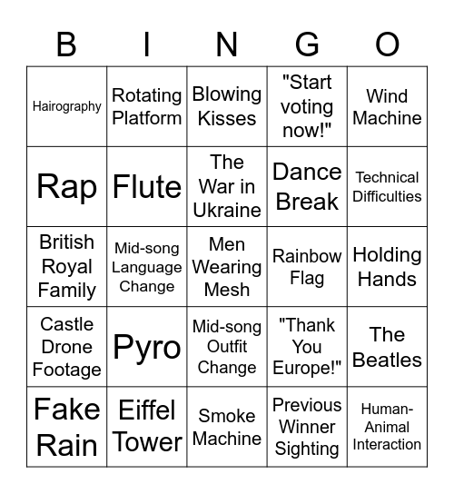 Eurovision Bingo Card