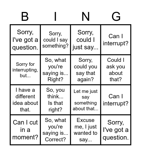 Interrupting & Clarifying in Meetings Bingo Card